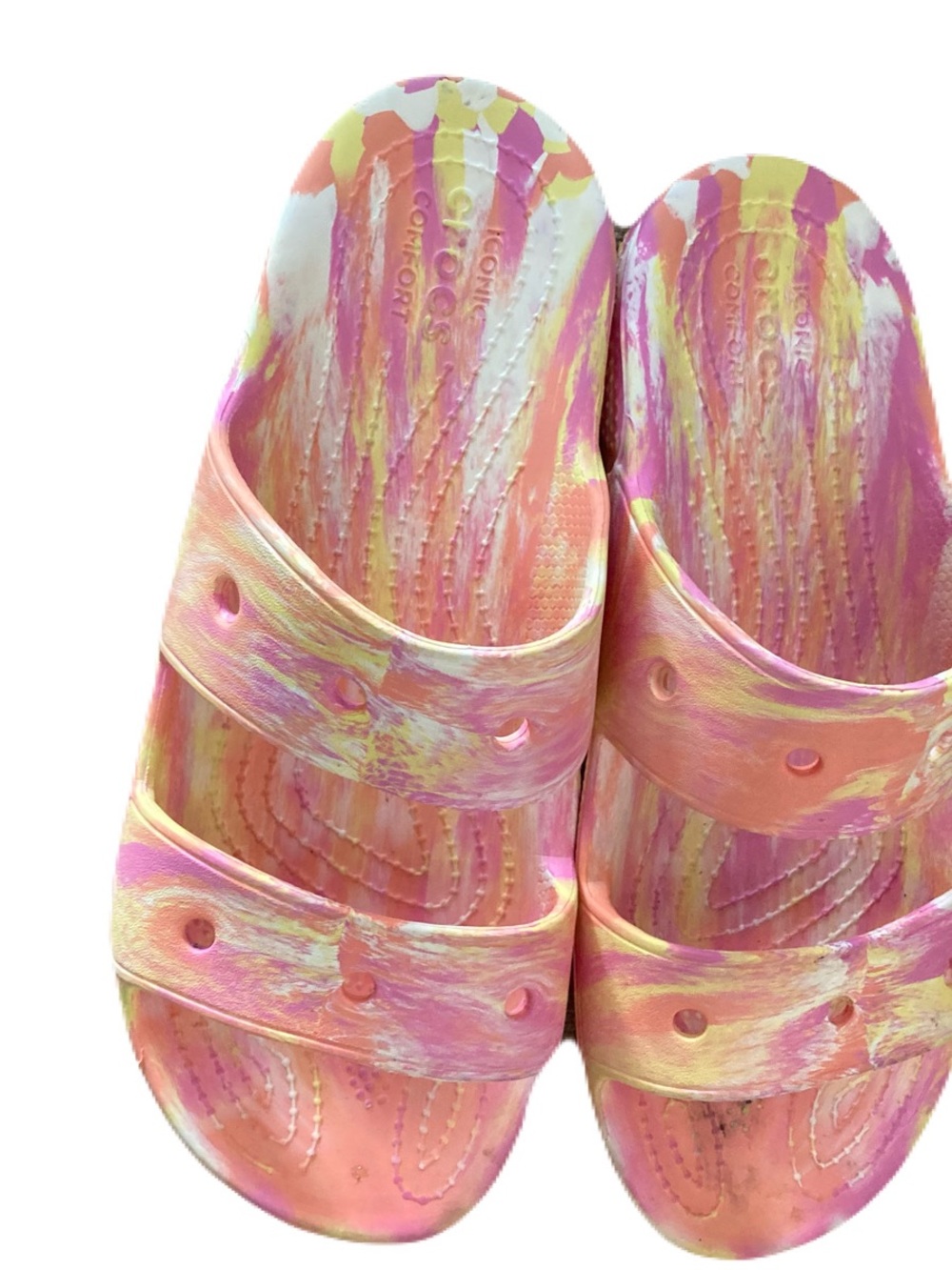 CROCS Marbled Pink and Yellow Footbed Slide